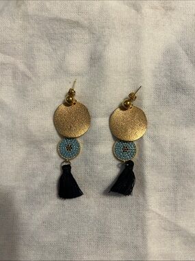Gold Disc and Blue Tassel Drop Earrings - Women's Jewelry